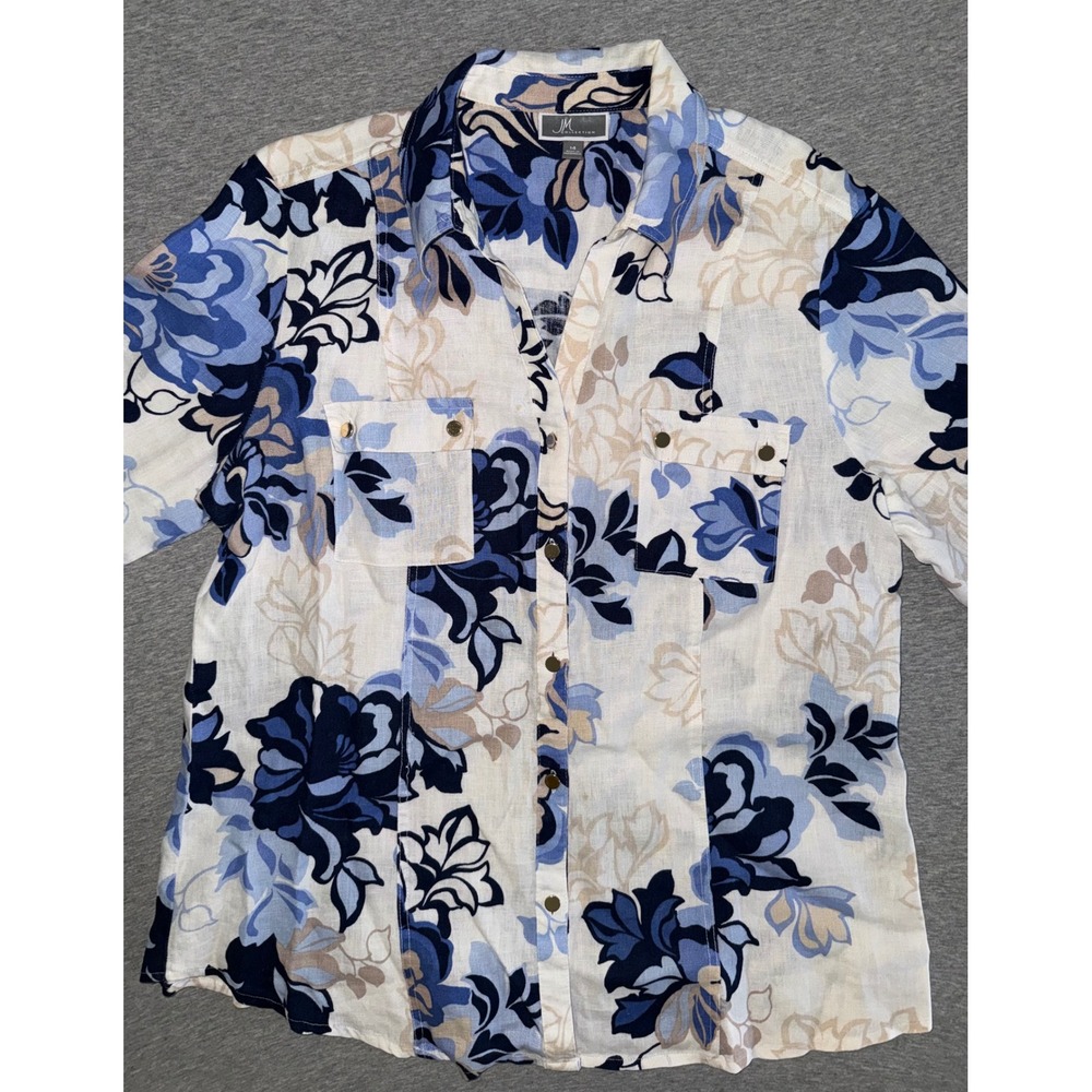 JM Collection Womens Linen Floral Button Up Shirt Size 14 Coastal Resort